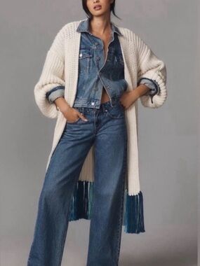 Anthropologie Chunky Cream Knit Cardigan with Blue Fringe